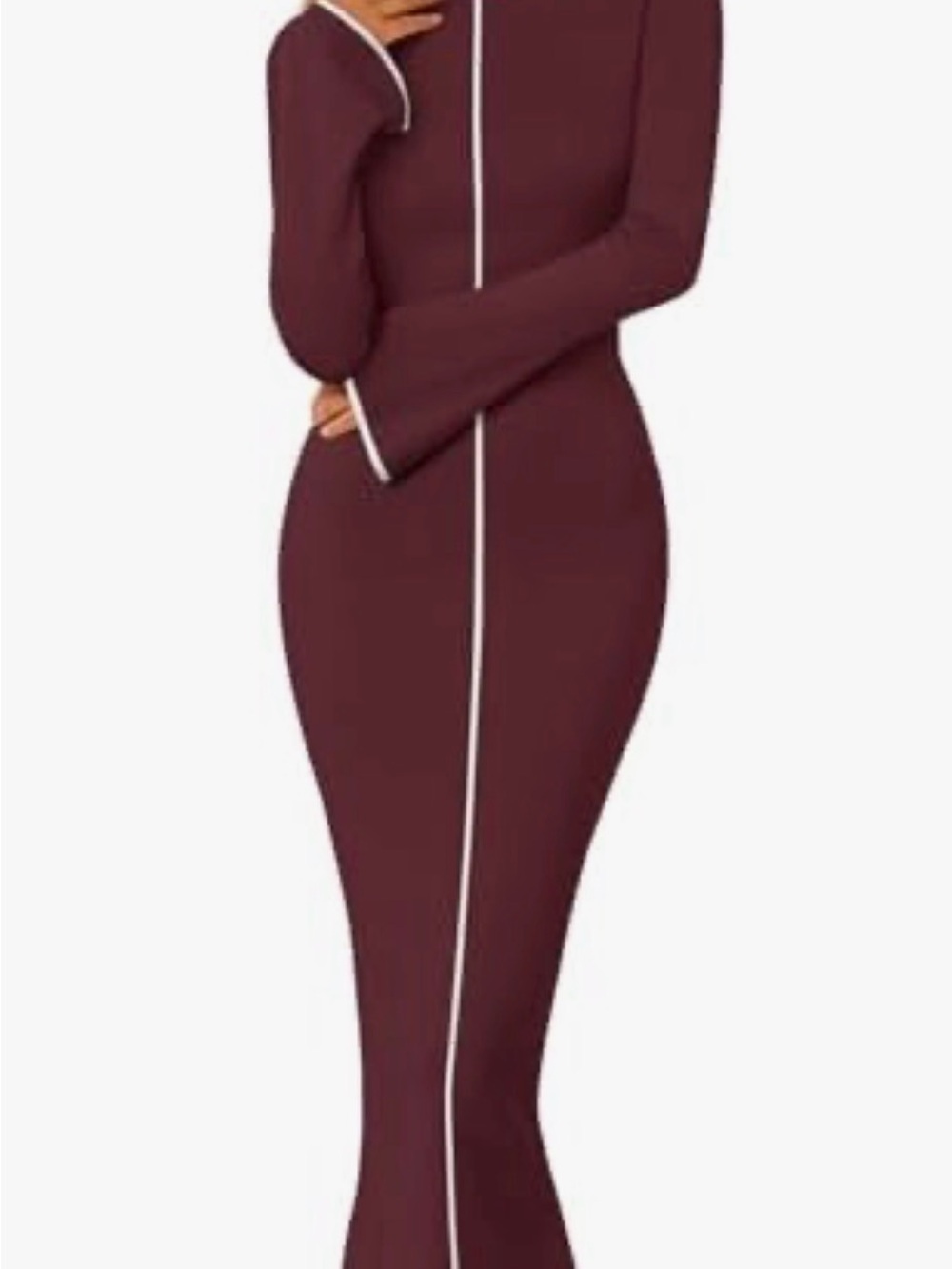 Slim Long-Sleeve Burgundy Midi Dress with Contrast Piping